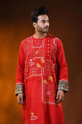 Crimson red cotton men’s punjabi featuring kantha stitch folk art 2
