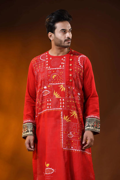 Crimson red cotton men’s punjabi featuring kantha stitch folk art 2