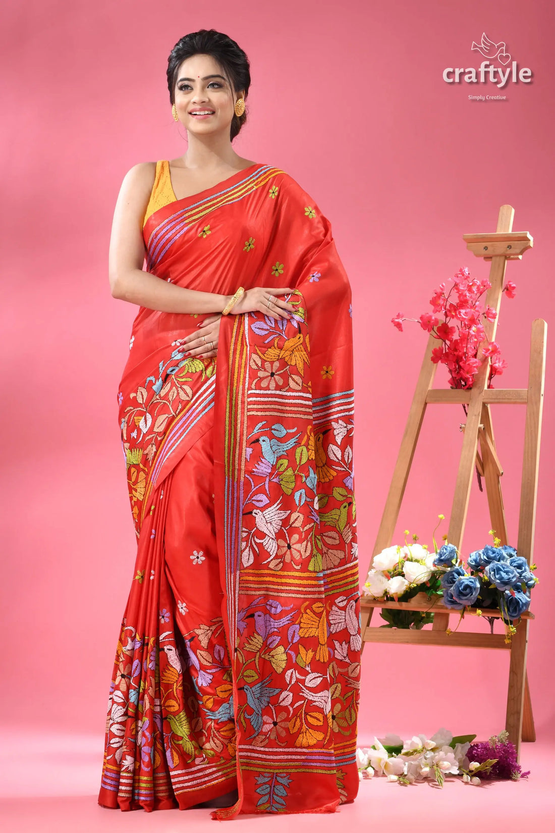 Crimson red exquisite silk kantha sari red saree colorful embroidered birds 1