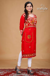 Crimson Red Floral Motif All Over Embroidery Cotton Kantha Kurti - Craftyle