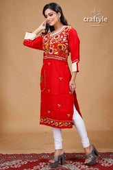 Crimson Red Floral Motif All Over Embroidery Cotton Kantha Kurti - Craftyle