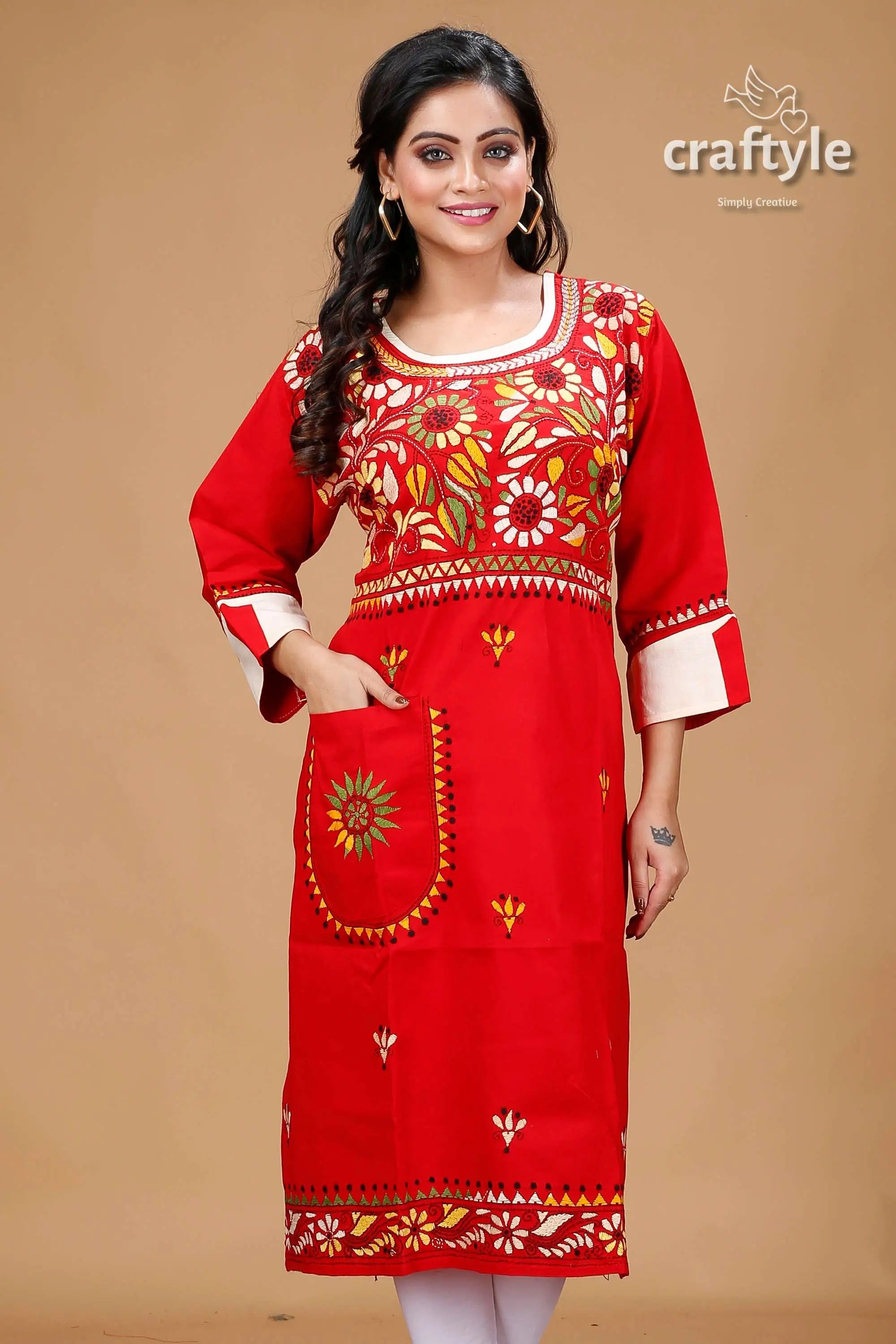 Crimson red floral motif all over embroidery cotton kantha kurti red embroidered kurta 2