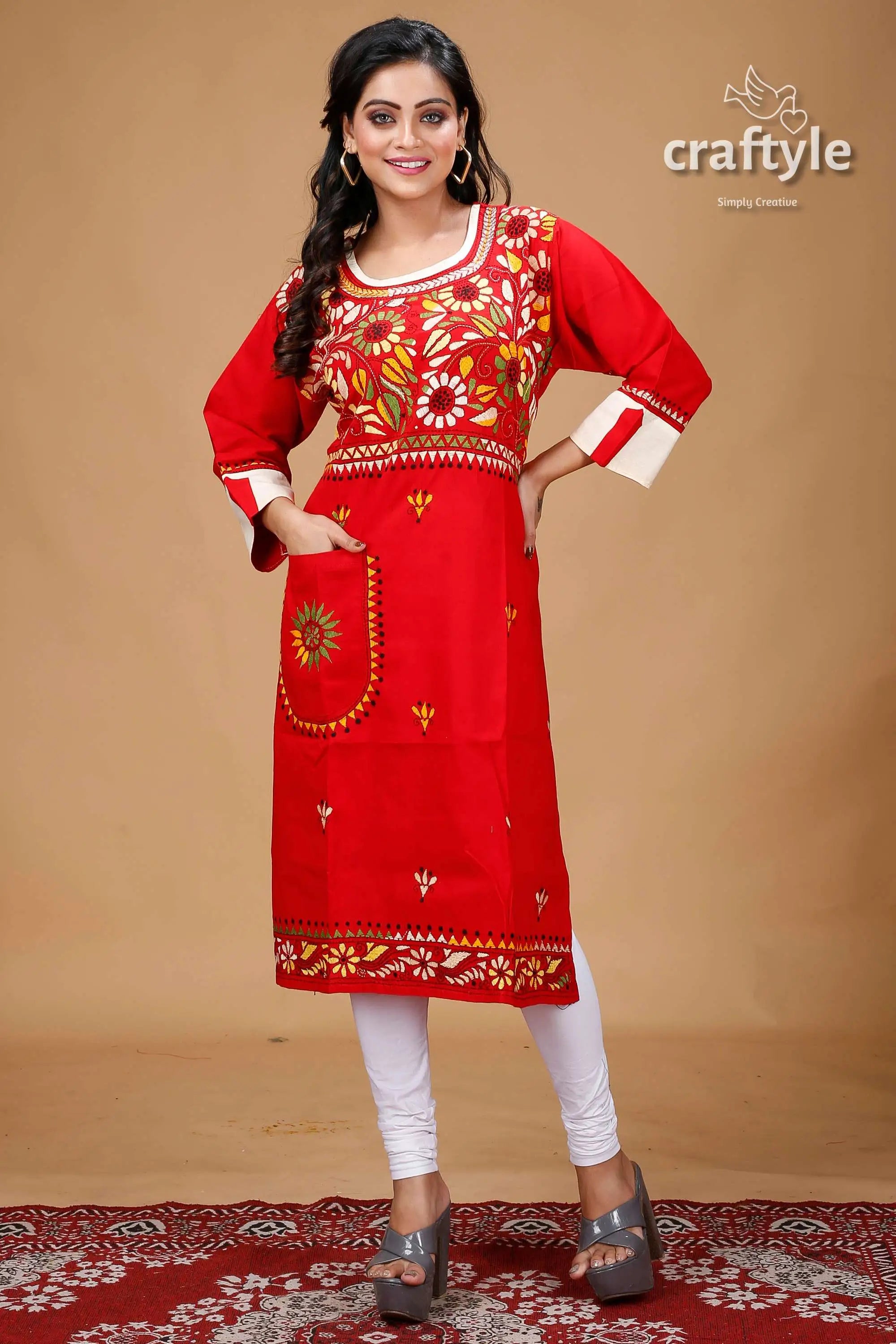 Crimson red floral motif all over embroidery cotton kantha kurti red embroidered kurta pocket 1