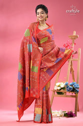 Crimson red geometric pattern silk kantha stitch saree red saree colorful geometric patterned 4