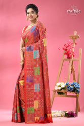 Crimson red geometric pattern silk kantha stitch saree red saree multicolored patchwork embroidery 3