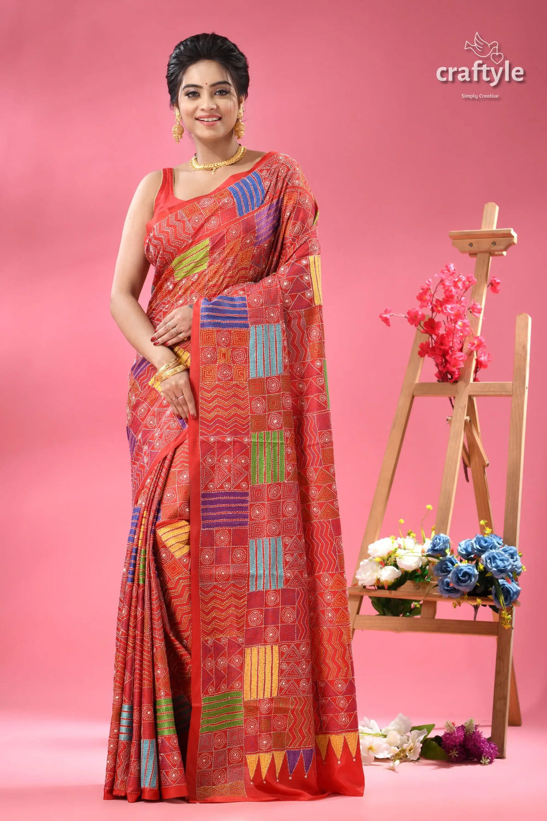Crimson red geometric pattern silk kantha stitch saree woman red kantha stitch silk 1