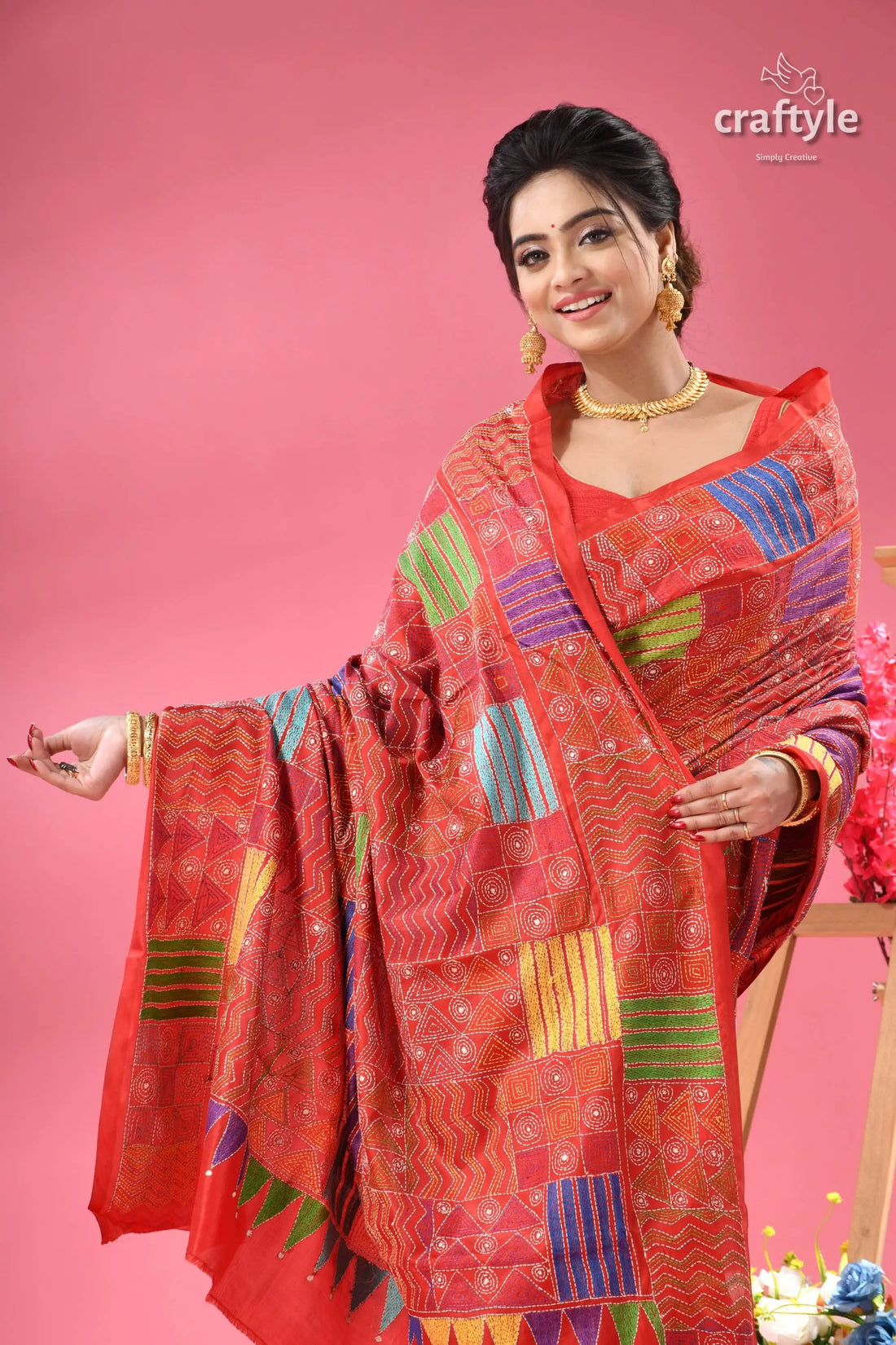 Crimson red geometric pattern silk kantha stitch saree woman vibrant red saree colorful 2