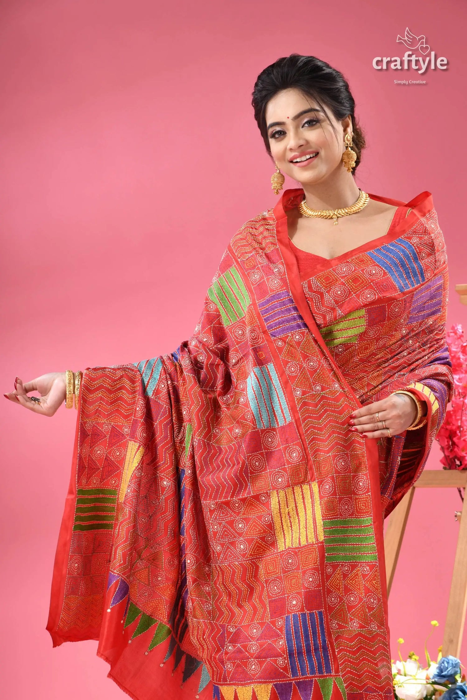 Crimson red geometric pattern silk kantha stitch saree woman vibrant red saree colorful 2