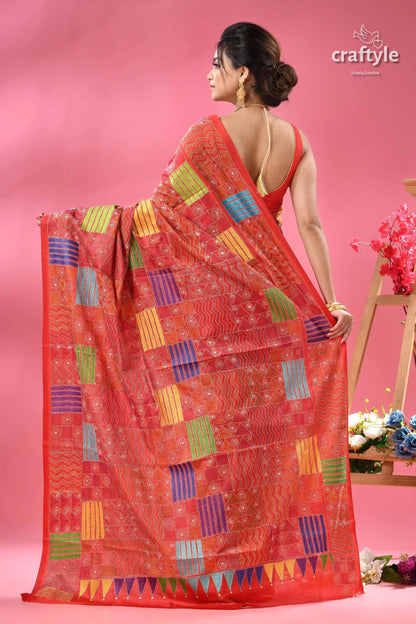 Crimson red geometric pattern silk kantha stitch saree red saree colorful rectangular patterns 5