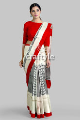 Crimson red hand block print pure mulberry silk saree with traditional white drape woman red white saree 4