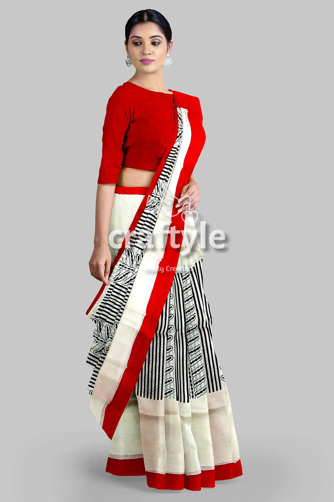 Crimson red hand block print pure mulberry silk saree with traditional white drape woman red blouse patterned saree 2