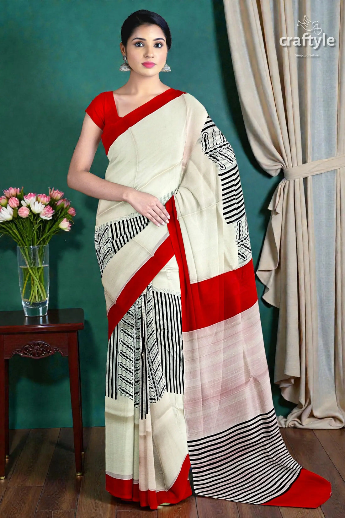 Crimson red hand block print pure mulberry silk saree with traditional white drape 1