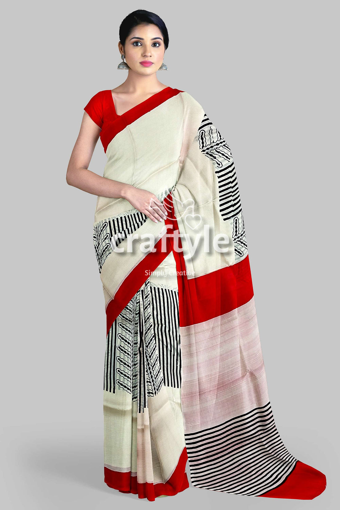 Crimson Red Hand Block Print Pure Mulberry Silk Saree with Traditional White Drape - Craftyle