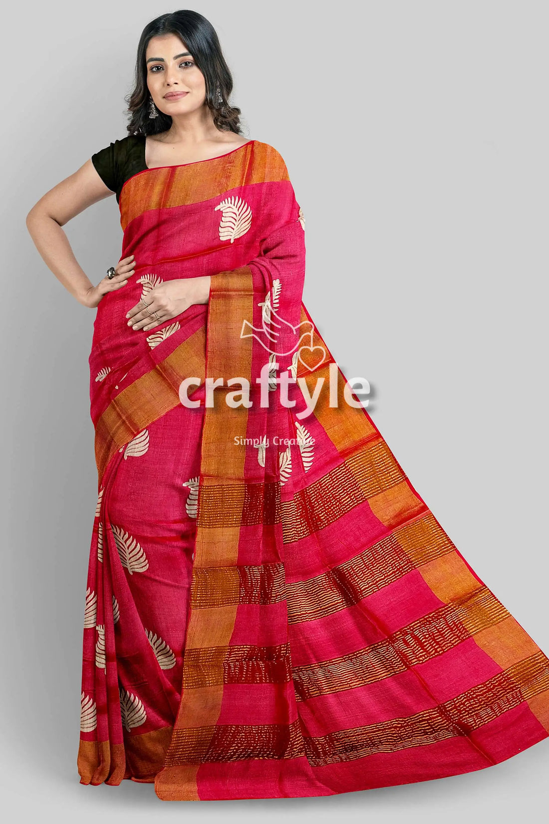 Crimson red hand block print pure tussar silk saree with zari border red gold saree leaf pattern 1