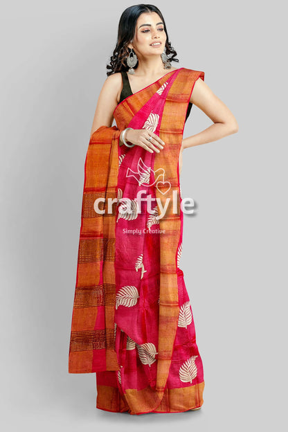 Crimson Red Hand Block Print Pure Tussar Silk Saree with Zari Border - Craftyle