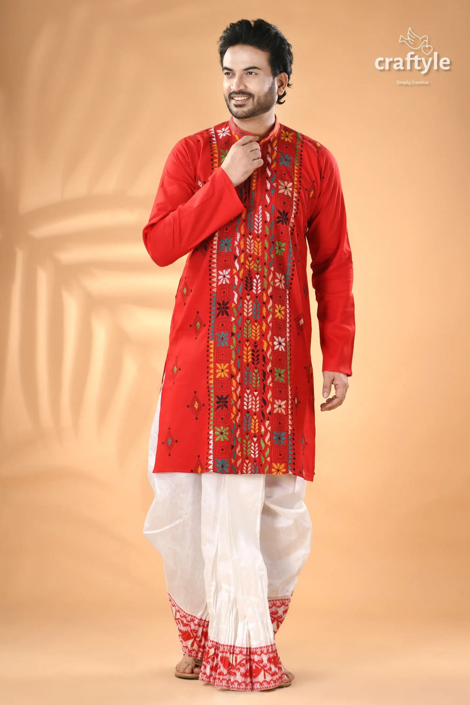 Crimson red hand embroidered kantha mens kurta red traditional indian kurta intricate 5
