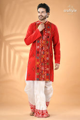 Crimson red hand embroidered kantha mens kurta red traditional indian kurta intricate 5