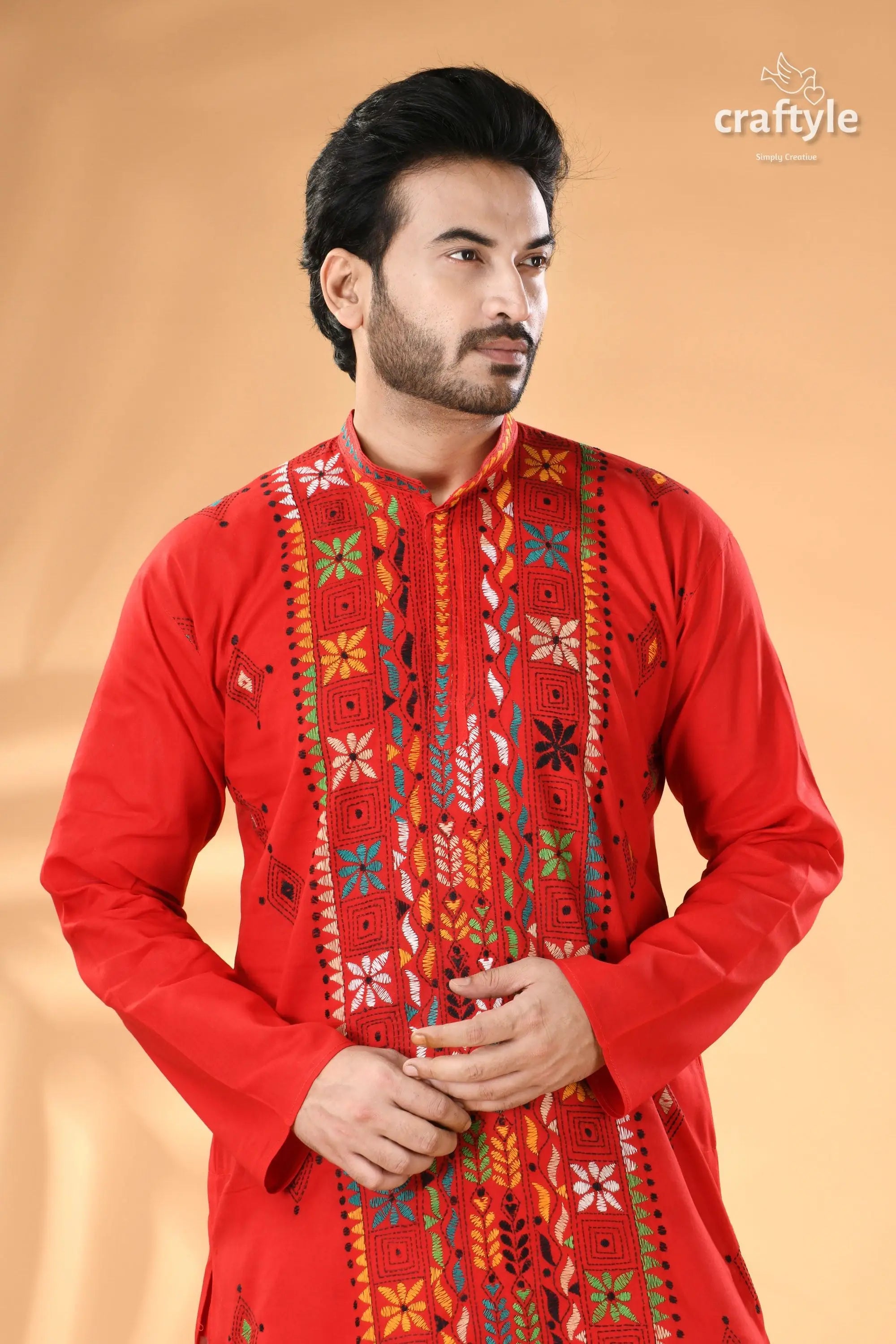 Crimson red hand embroidered kantha mens kurta red cotton panjabi colorful traditional 2