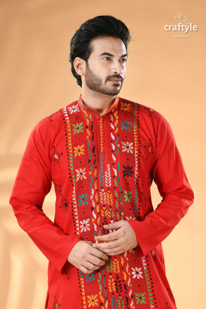 Crimson red hand embroidered kantha mens kurta red cotton panjabi colorful traditional 2