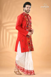 Crimson red hand embroidered kantha mens kurta red men’s kurta colorful embroidered 3