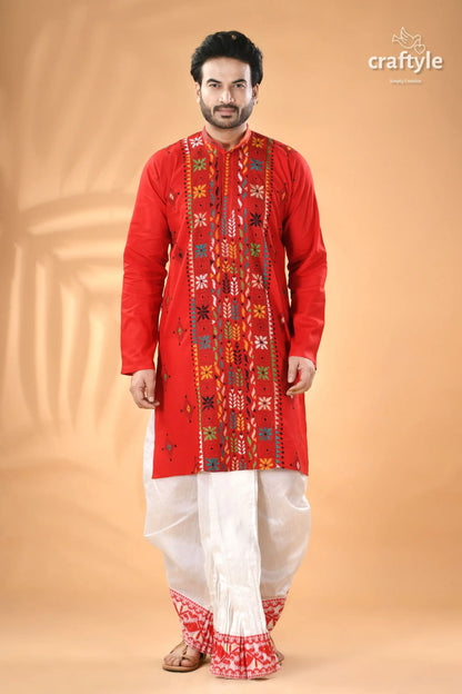 Crimson red hand embroidered kantha mens kurta men’s red embroidered kurta white 1