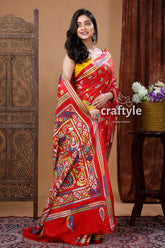Crimson Red Hand Embroidered Kantha Silk Saree from Santiniketan-Craftyle