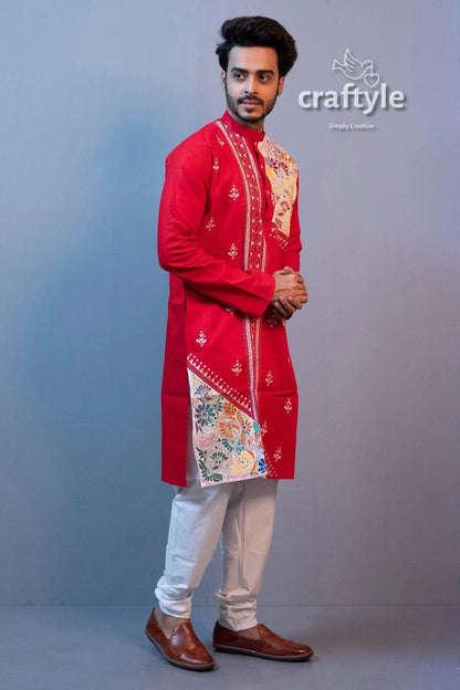 Crimson red hand embroidered kantha stitch cotton punjabi for men men’s kurta white 2