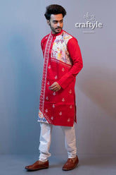 Crimson red hand embroidered kantha stitch cotton punjabi for men men’s kurta white embroidery 1