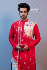 Crimson red hand embroidered kantha stitch cotton punjabi for men men’s kurta intricate white 3