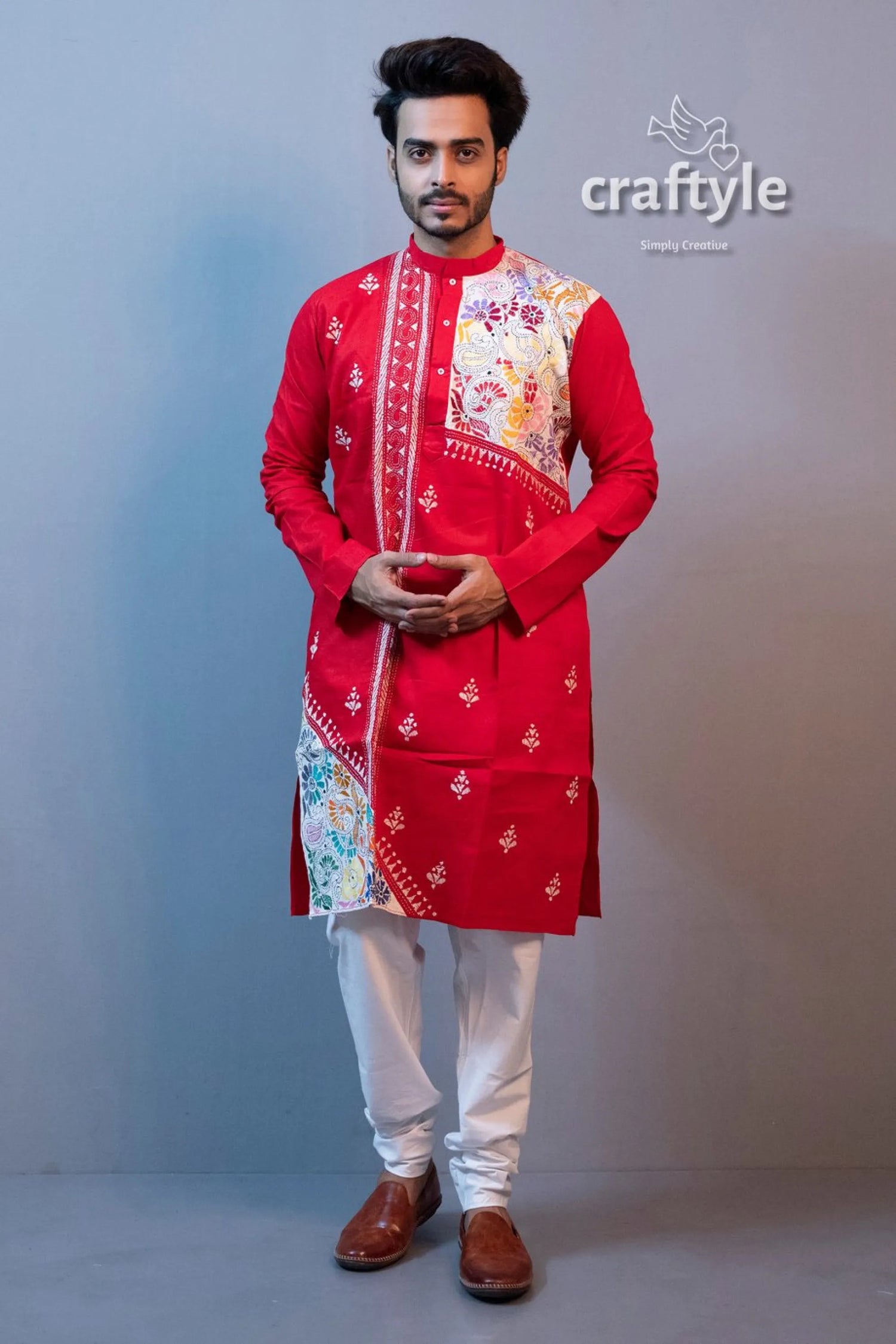 Crimson red hand embroidered kantha stitch cotton punjabi for men men’s long-sleeve kurta white 4