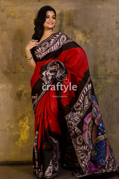 Crimson Red Hand Painted Batik Mulberry Pure Silk Saree - Craftyle