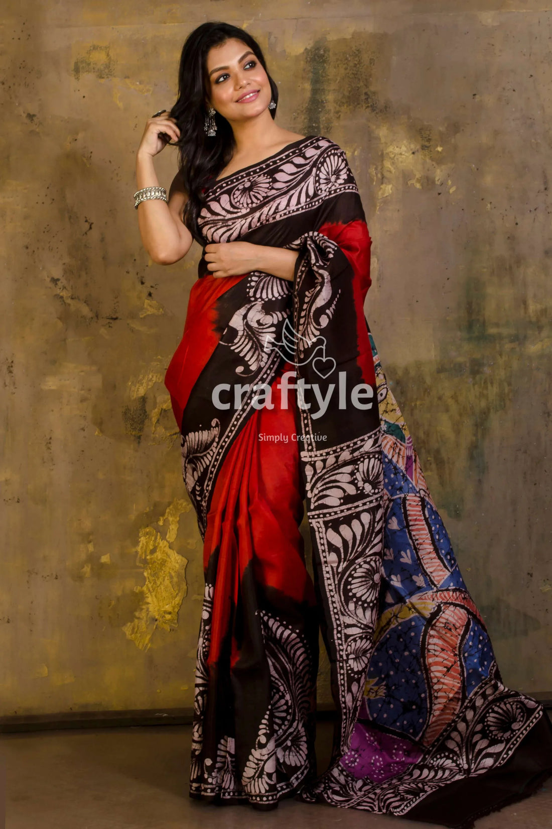 Crimson red hand painted batik mulberry pure silk saree elegant black patterned 1