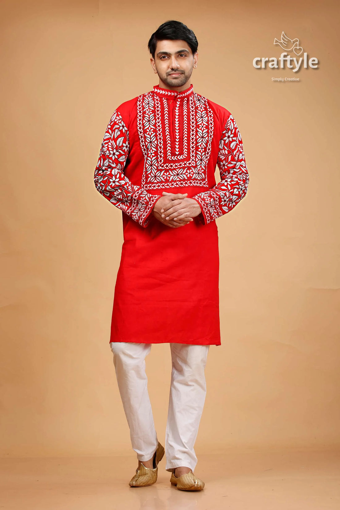 Crimson red kantha stitch cotton kurta for men red embroidered kurta white pants 1