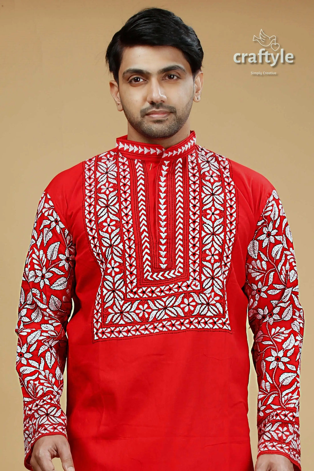 Crimson red kantha stitch cotton kurta for men red kurta white embroidery 2