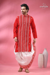 Crimson red kantha stitch cotton kurta for men men’s red embroidered kurta white 5