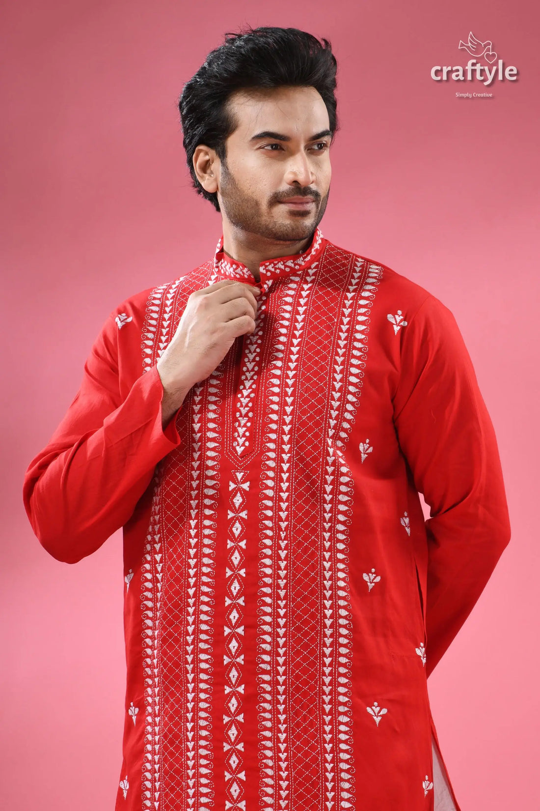 Crimson red kantha stitch cotton kurta for men menās red embroidered cotton kurta 2