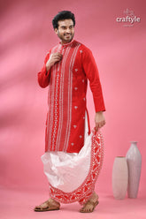 Crimson red kantha stitch cotton kurta for men men’s red embroidered kurta white 6