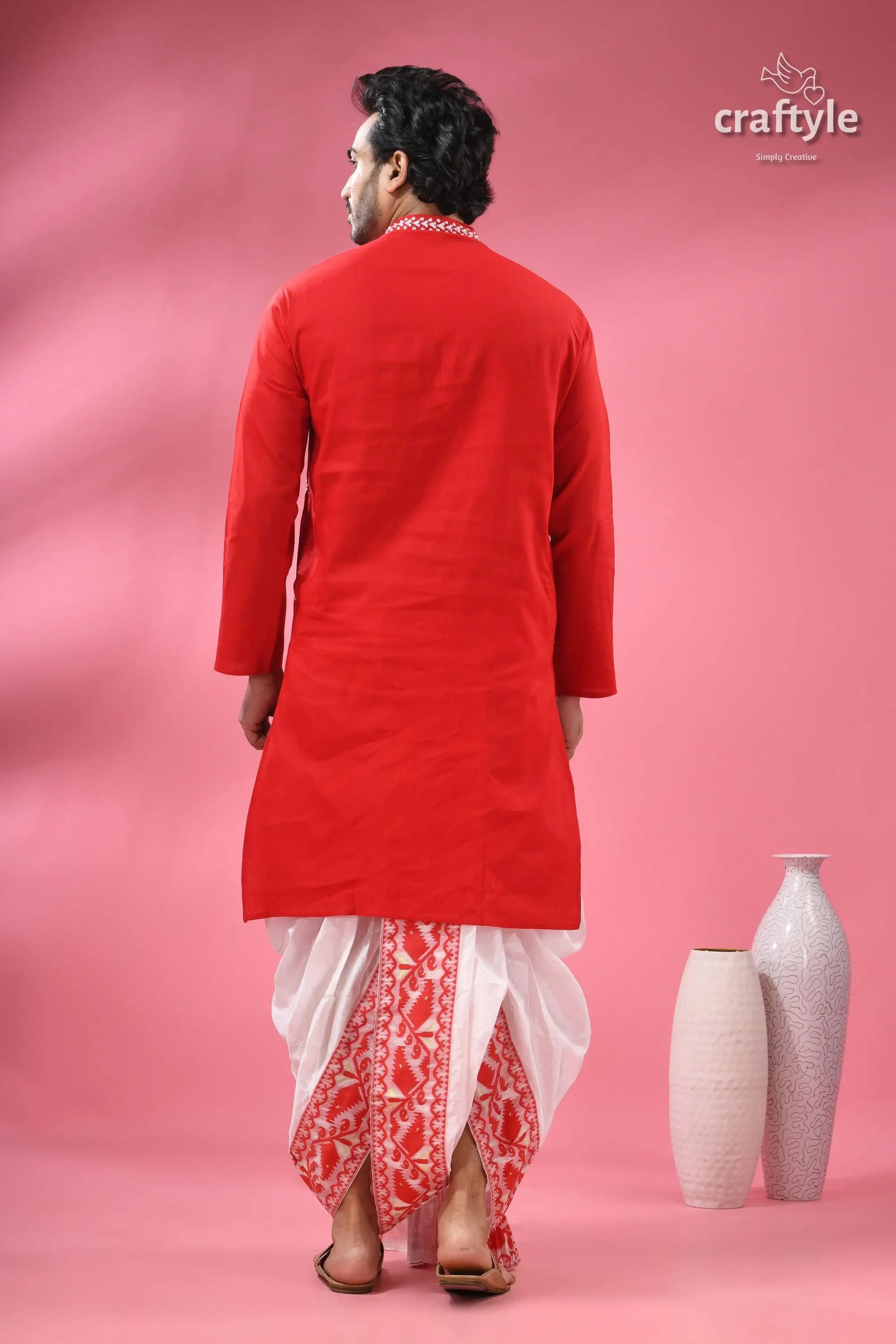Crimson red kantha stitch cotton kurta for men man’s red kurta white dhoti 7