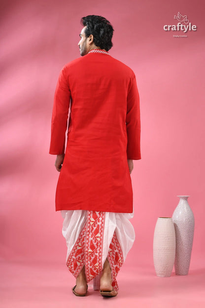 Crimson red kantha stitch cotton kurta for men man’s red kurta white dhoti 7