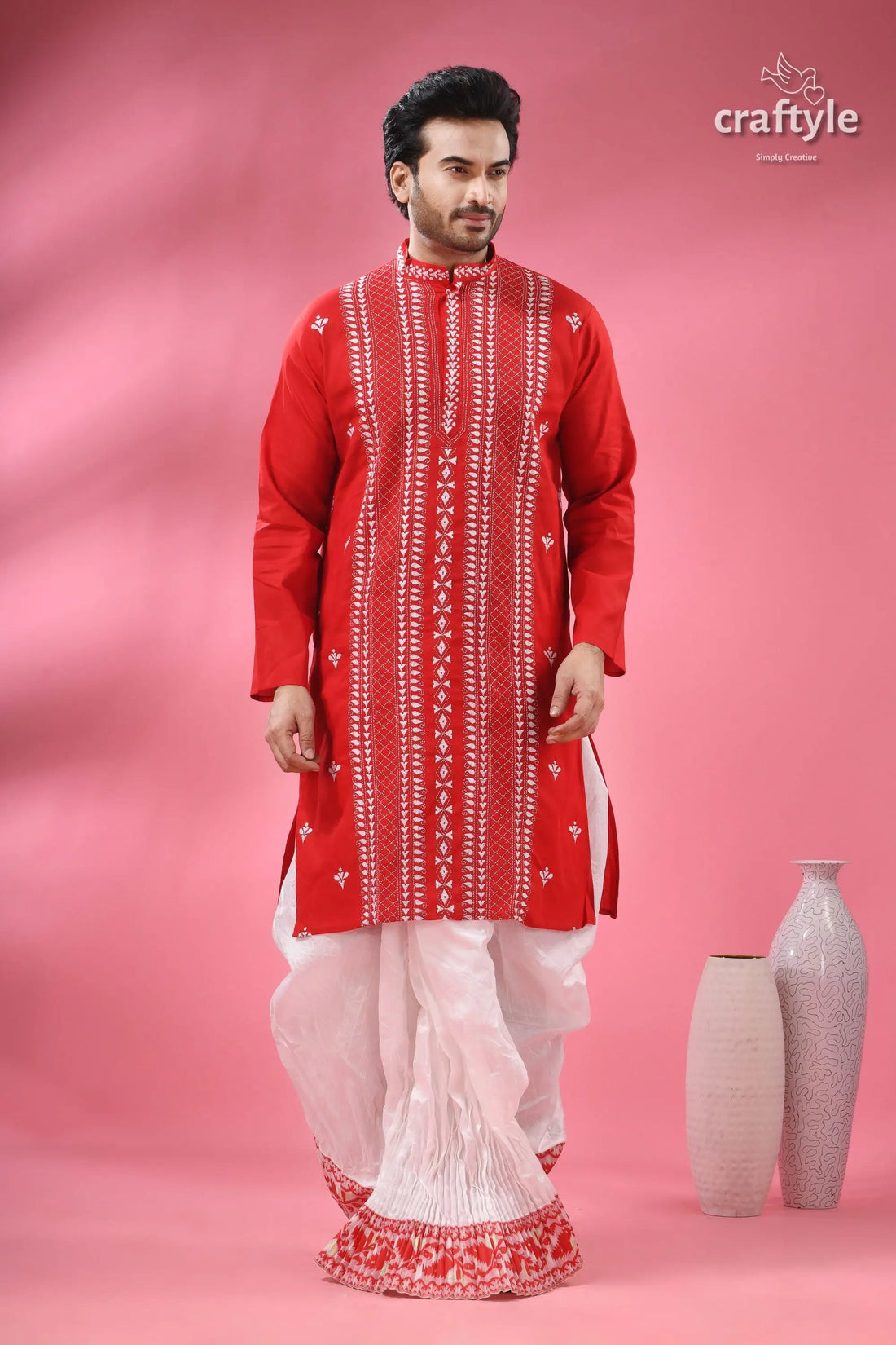 Crimson red kantha stitch cotton kurta for men red embroidered menās kurta white 1