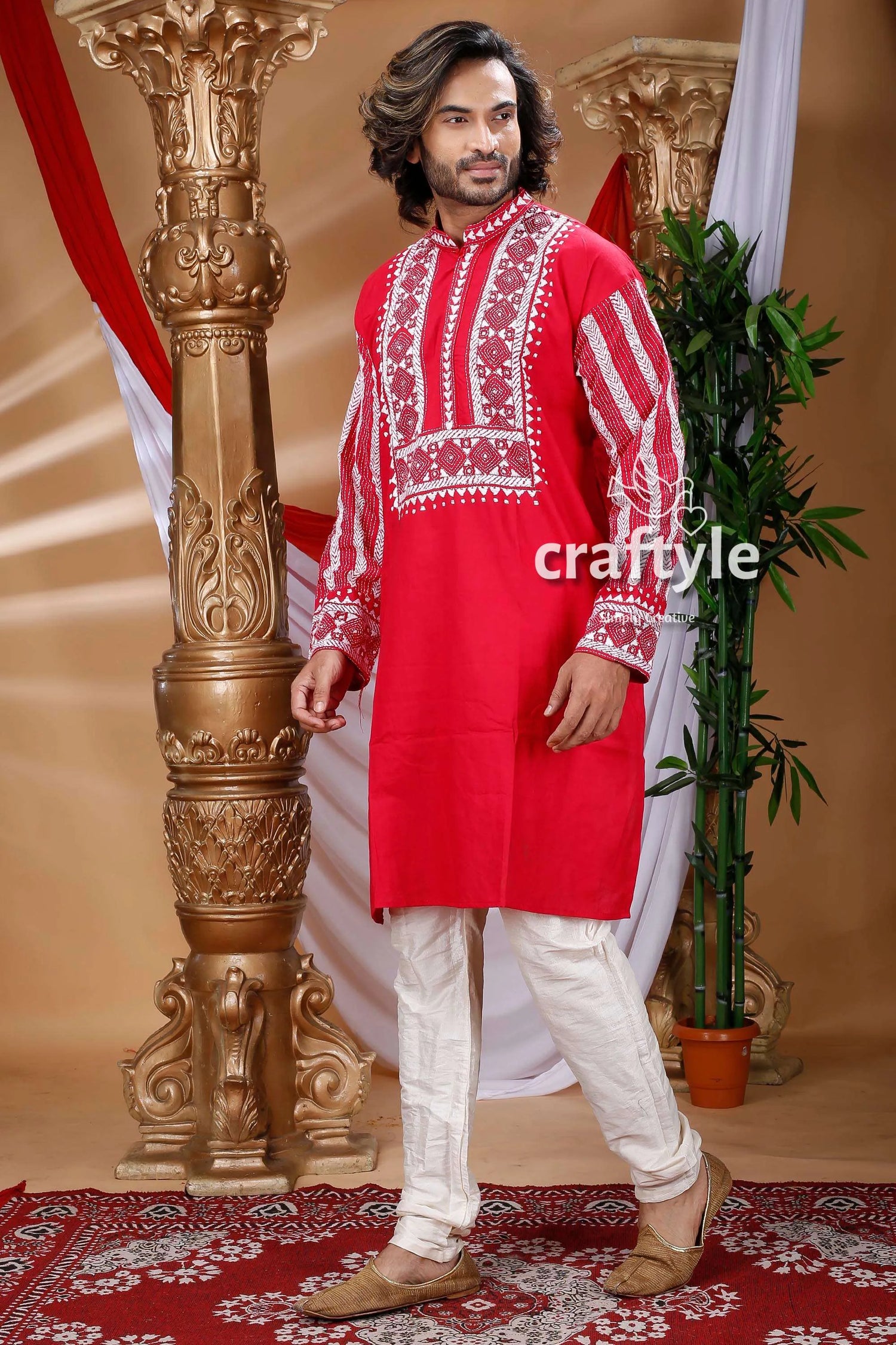 Crimson red kantha work cotton kurta for men intricate white embroidery 2