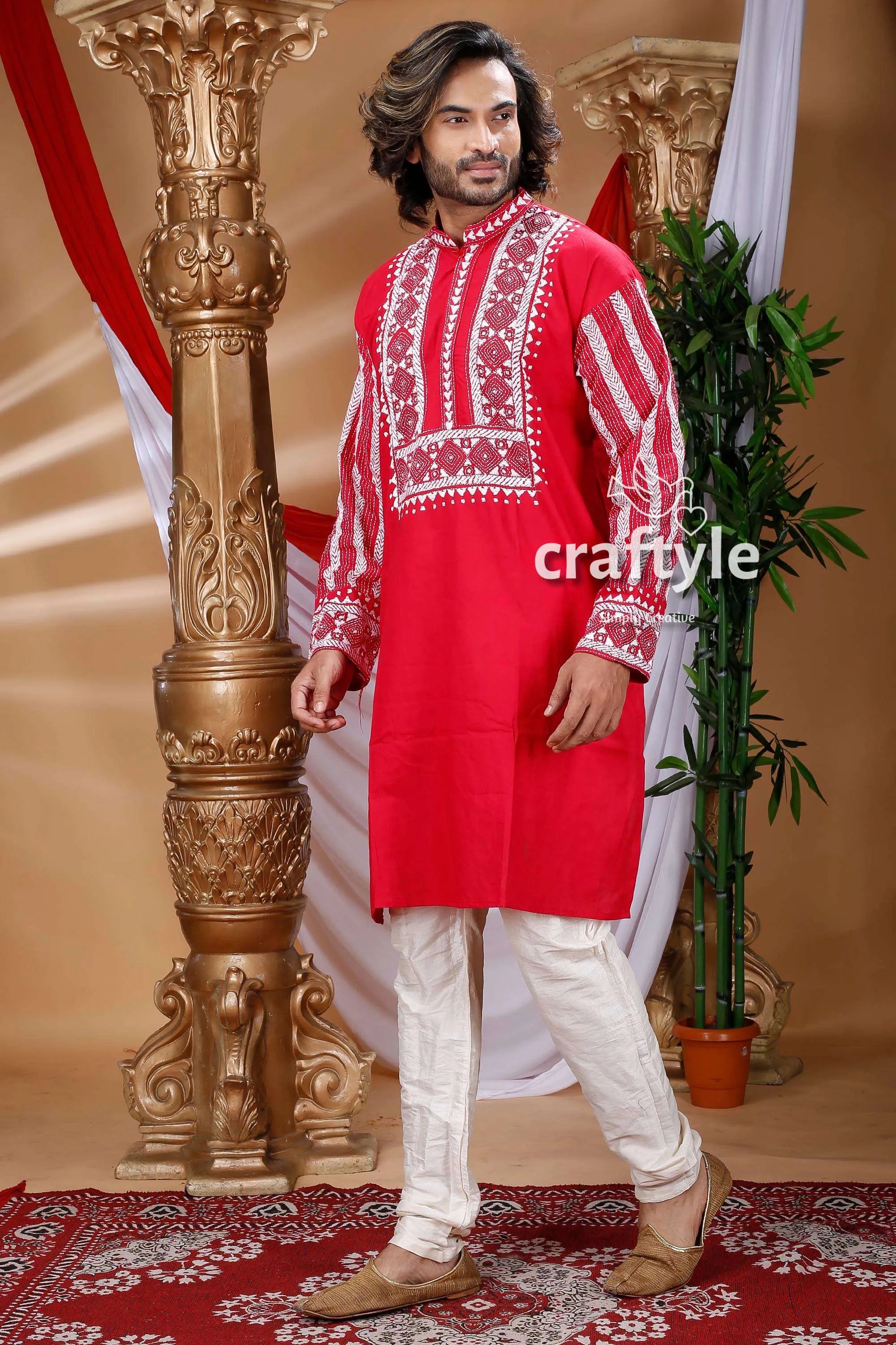 Crimson red kantha work cotton kurta for men intricate white embroidery 2