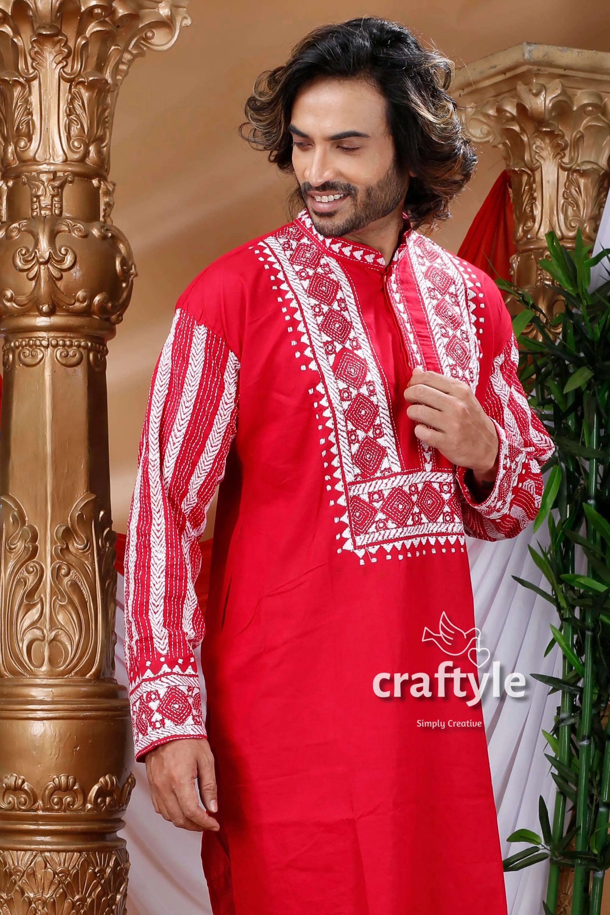 Crimson red kantha work cotton kurta for men embroidered white geometric 3