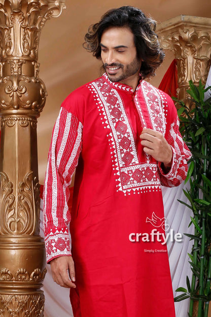 Crimson red kantha work cotton kurta for men embroidered white geometric 3