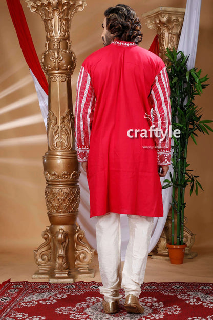 Crimson red kantha work cotton kurta for men white embroidered stripes 4