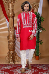 Crimson red kantha work cotton kurta for men embroidered white 1