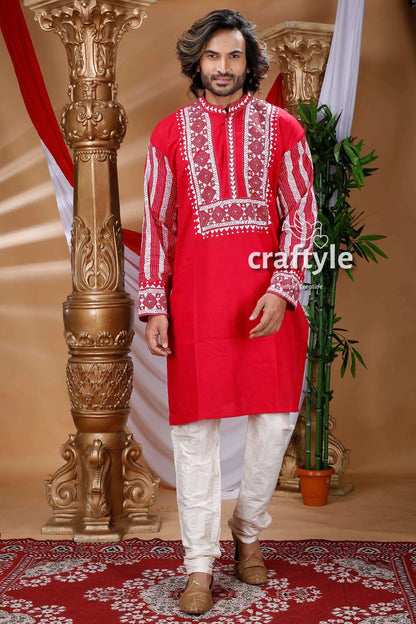 Crimson red kantha work cotton kurta for men embroidered white 1