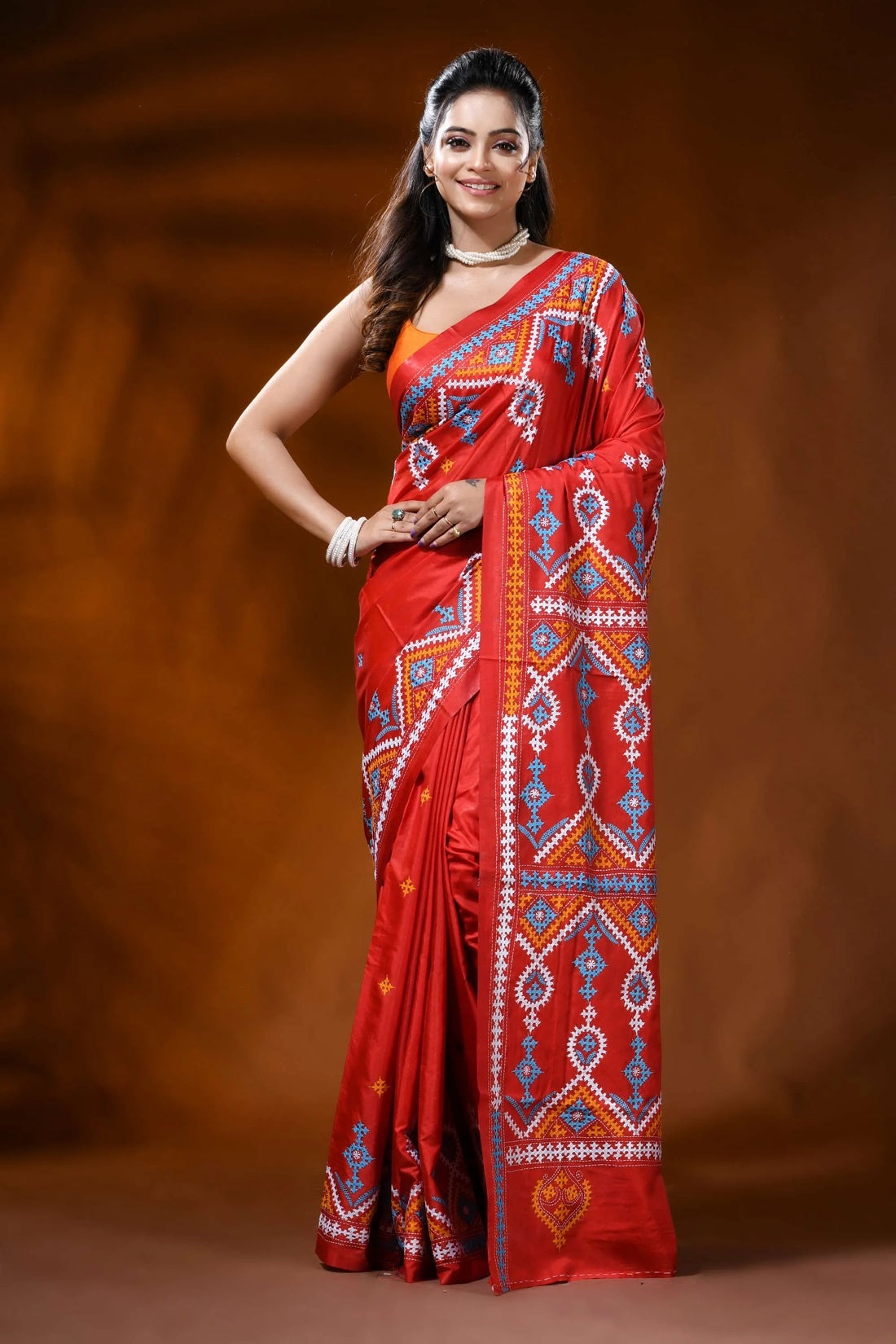 Crimson red kutch embroidered silk saree with multicolor paisley design 1