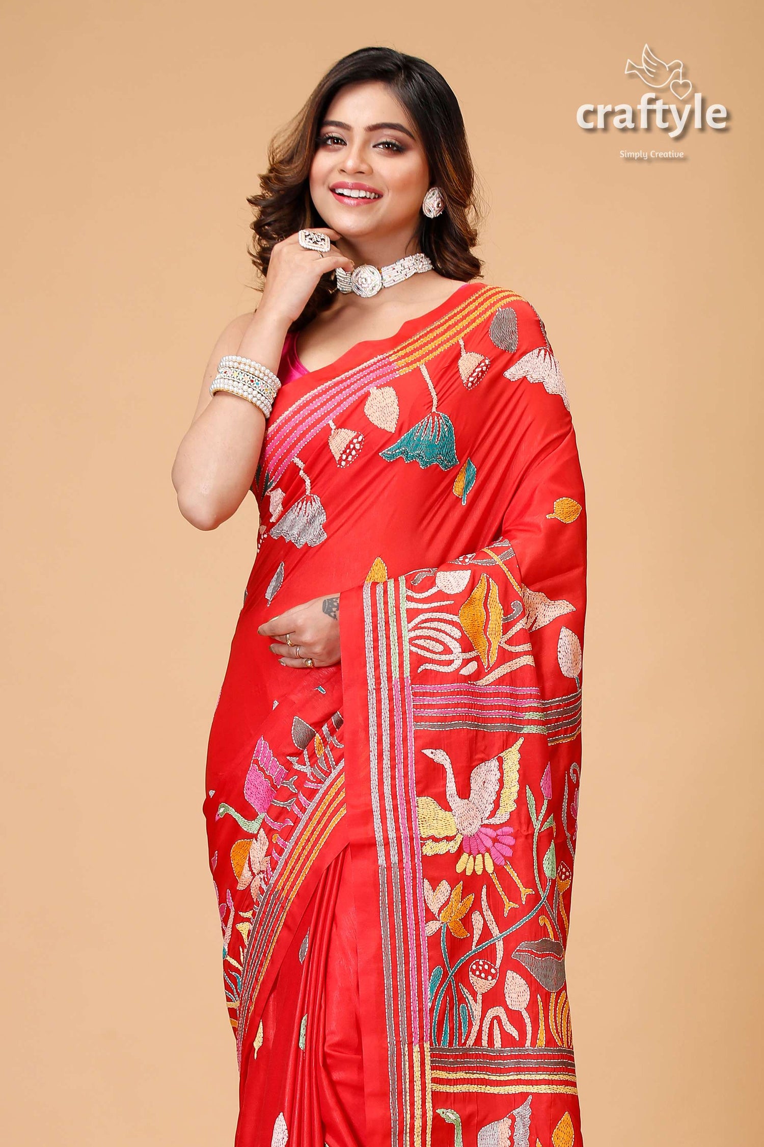 Crimson Red Lotus Design Exclusive Silk Kantha Saree - Craftyle