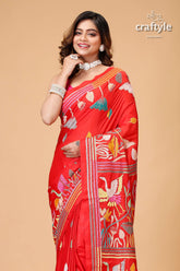 Crimson Red Lotus Design Exclusive Silk Kantha Saree - Craftyle